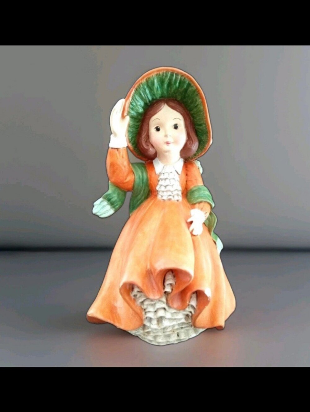 Vintage 16" Ceramic Hand Painted Figure Girl Orange Dress Green Bonnet Petticoat